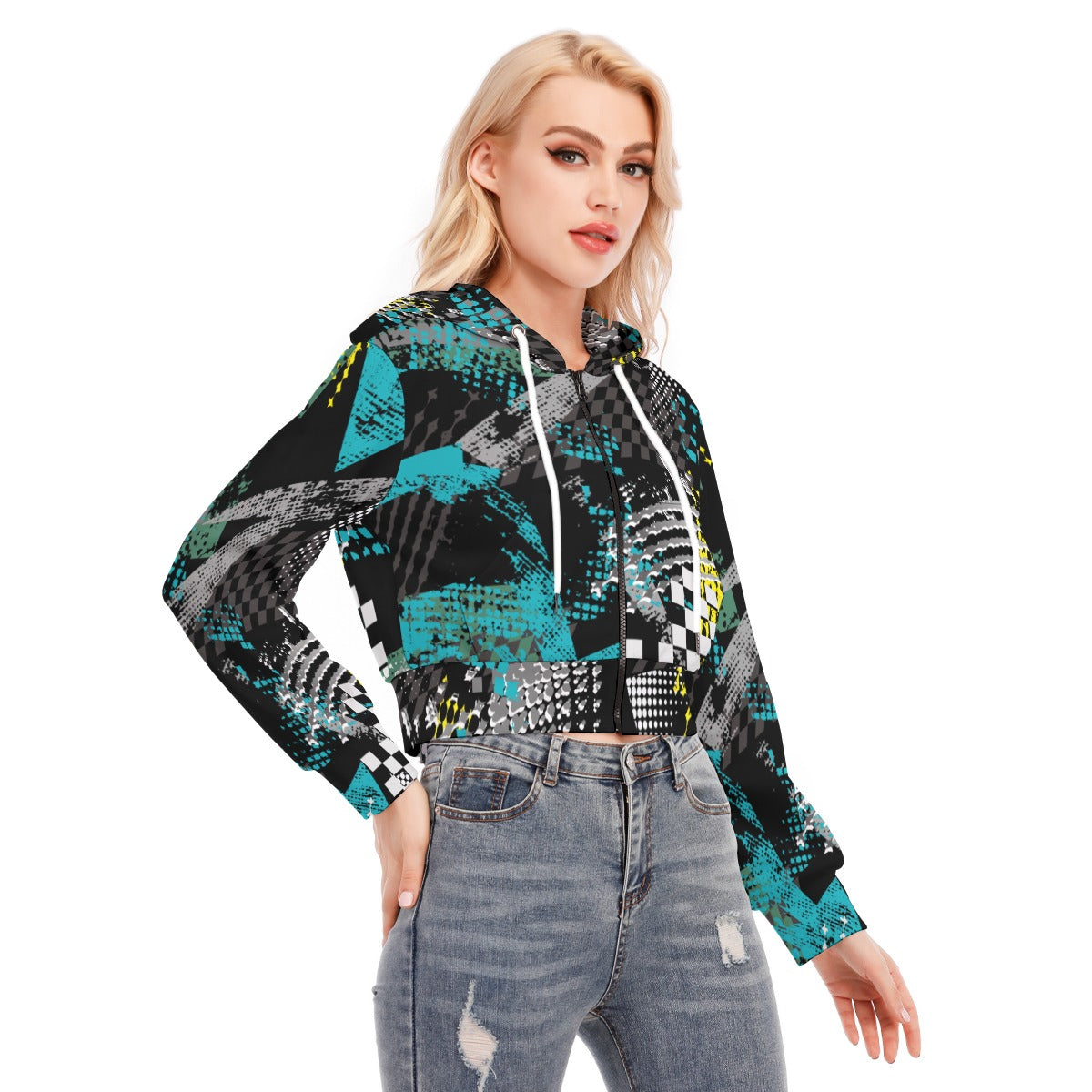Ptahra B Black/Turquoise/Yellow/Grey Graphic Women's Crop Top Hoodie with Zipper Closure