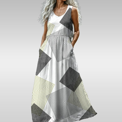 Ptahra B Women’s Grey Square Pattern Sleeveless Maxi Dress