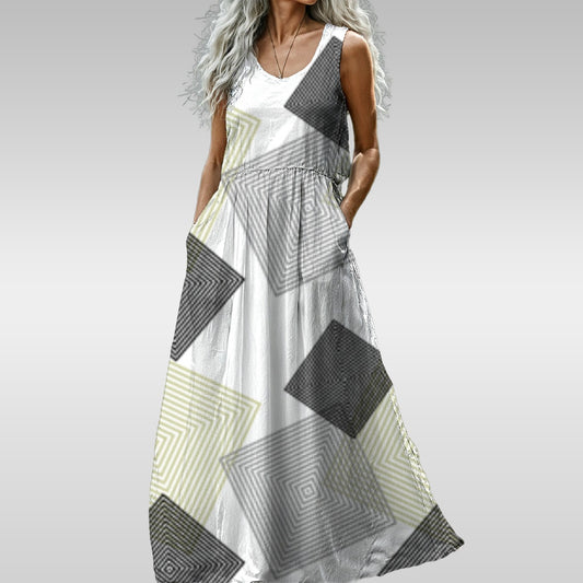 Ptahra B Women’s Grey Square Pattern Sleeveless Maxi Dress