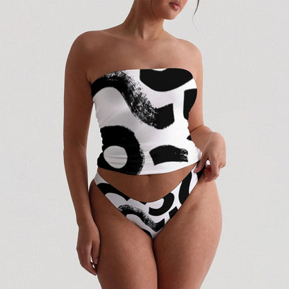 Ptahra Women's White/Black Pattern Strapless Tube Top Set