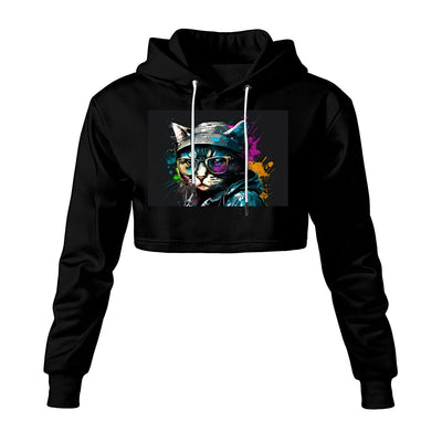 Ptahra Women's Black/Cat Graphic Cropped Hoodie