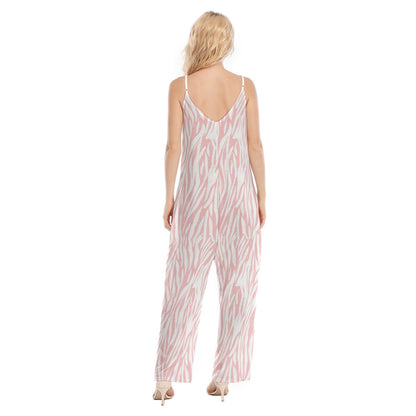 Ptahra Women's White/Light Pink Zebra Style Loose Cami Jumpsuit