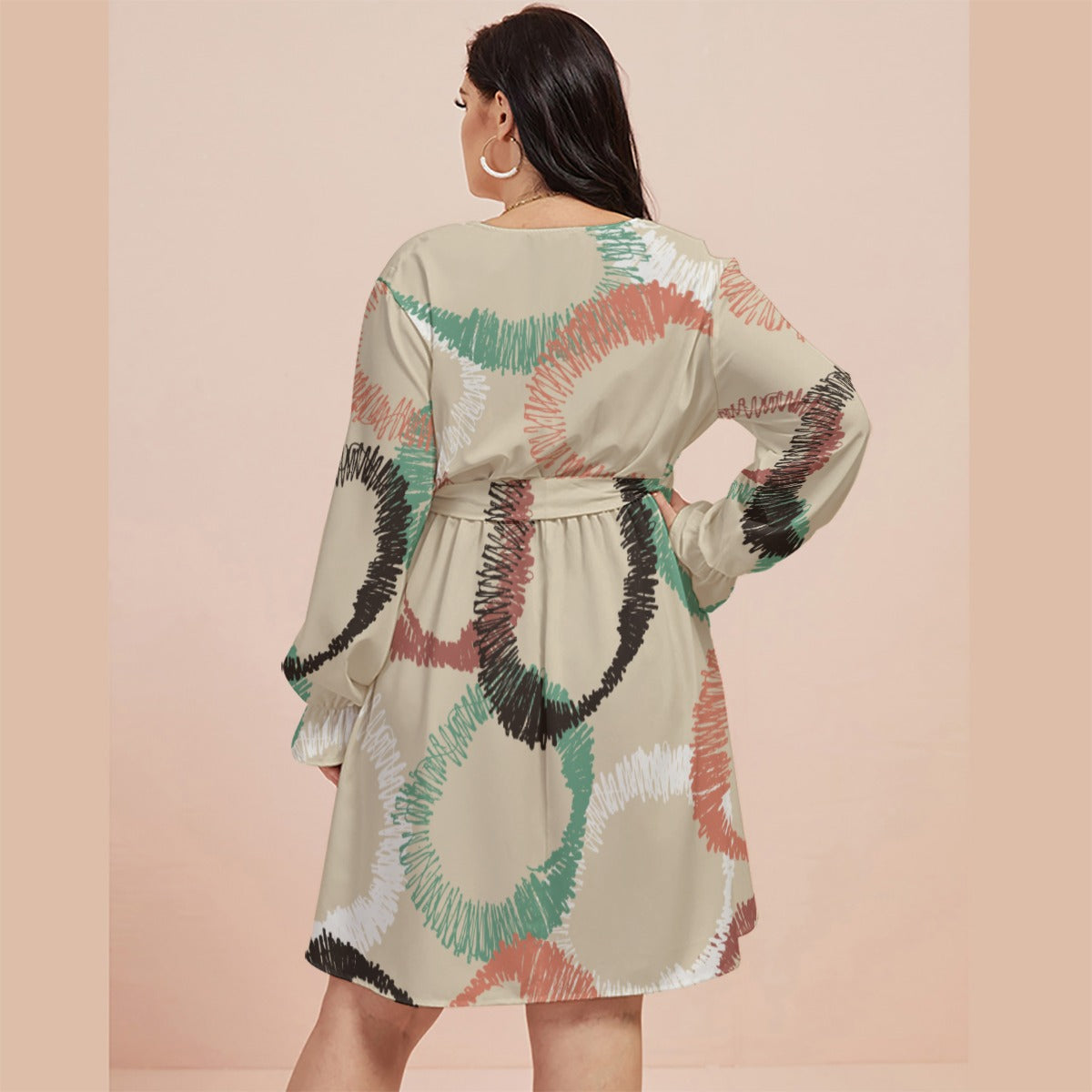 Ptahra B Women's Beige/Pink/Green with Black Circle Pattern V-neck Dress with Waistband