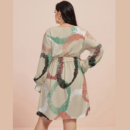 Ptahra B Women's Beige/Pink/Green with Black Circle Pattern V-neck Dress with Waistband