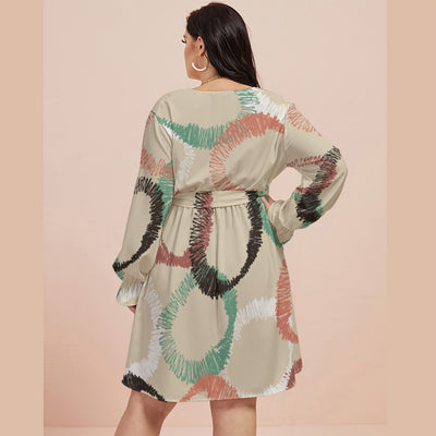 Ptahra B Women's Beige/Pink/Green with Black Circle Pattern V-neck Dress with Waistband