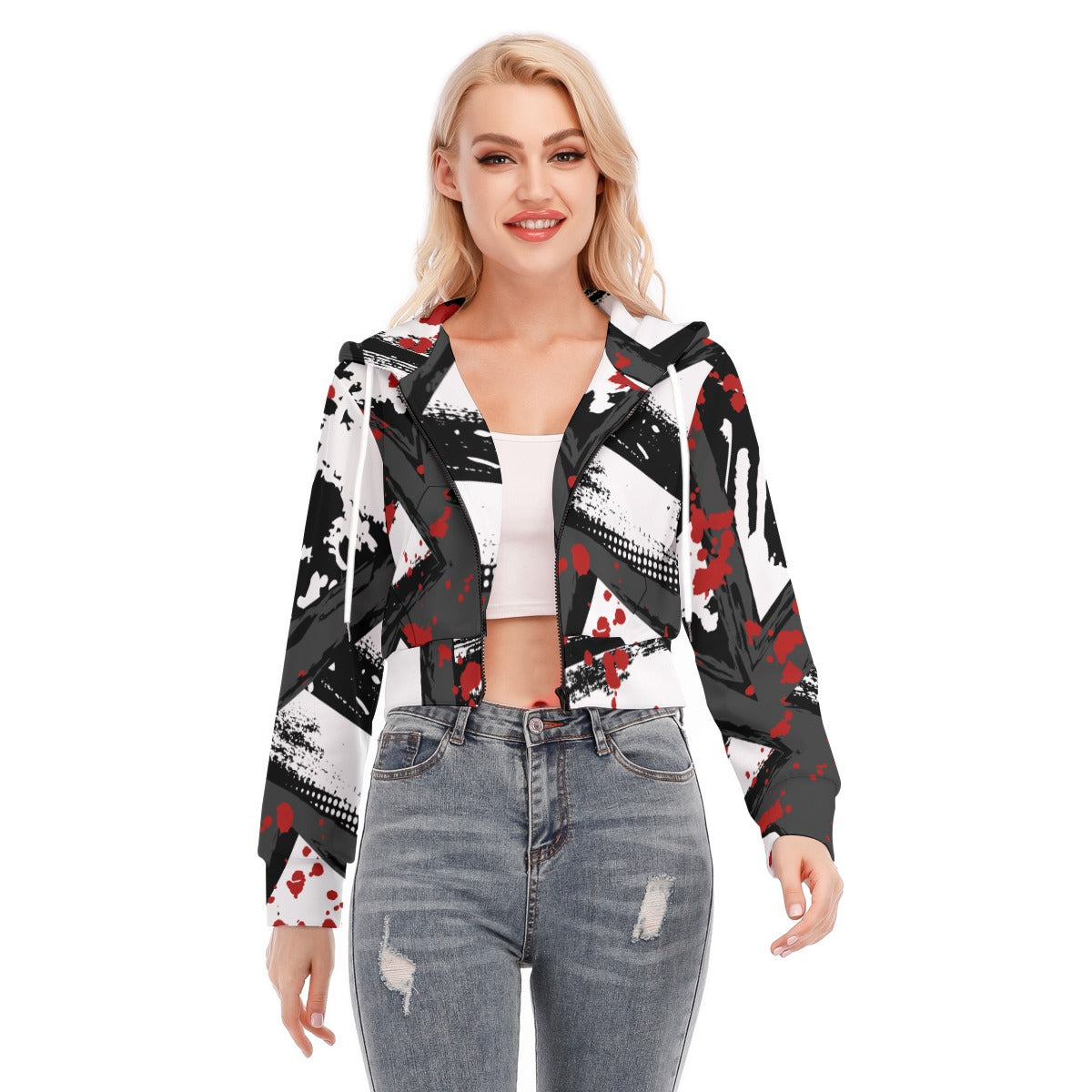 Ptahra B White/Grey/Black/Red Graphic Women's Crop Top Hoodie with Zipper Closure