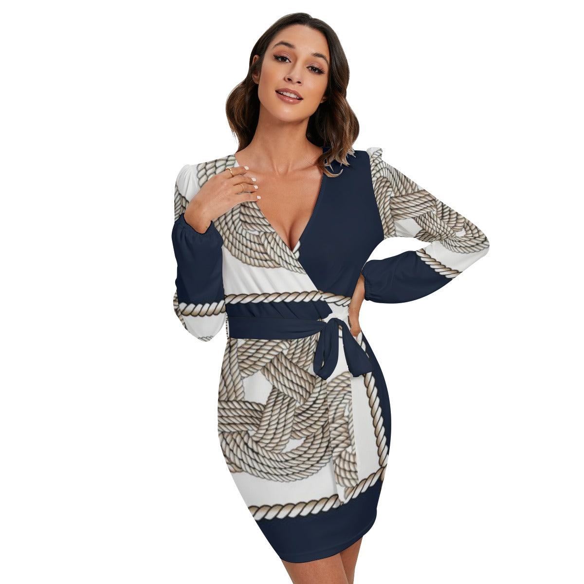 Ptahra B Navy Blue/white/Rope Pattern Women's Long Sleeve Dress With Waist Belt