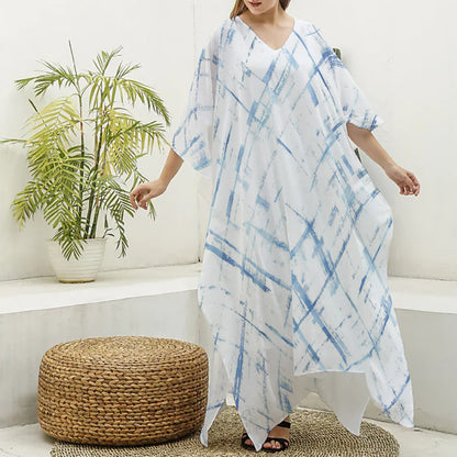 Ptahra B Women's White/Blue Line Pattern Imitation Silk V-neck Kaftan Robe
