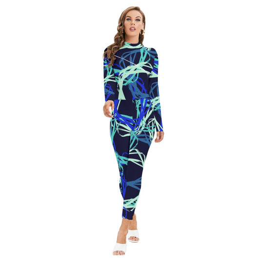 Ptahra B Women's Blue/Multi-Pattern Long-sleeved High-neck Jumpsuit with Zipper