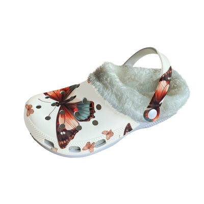 Ptahra B Women's White/Brown/Butterfly Classic Clogs with Fleece