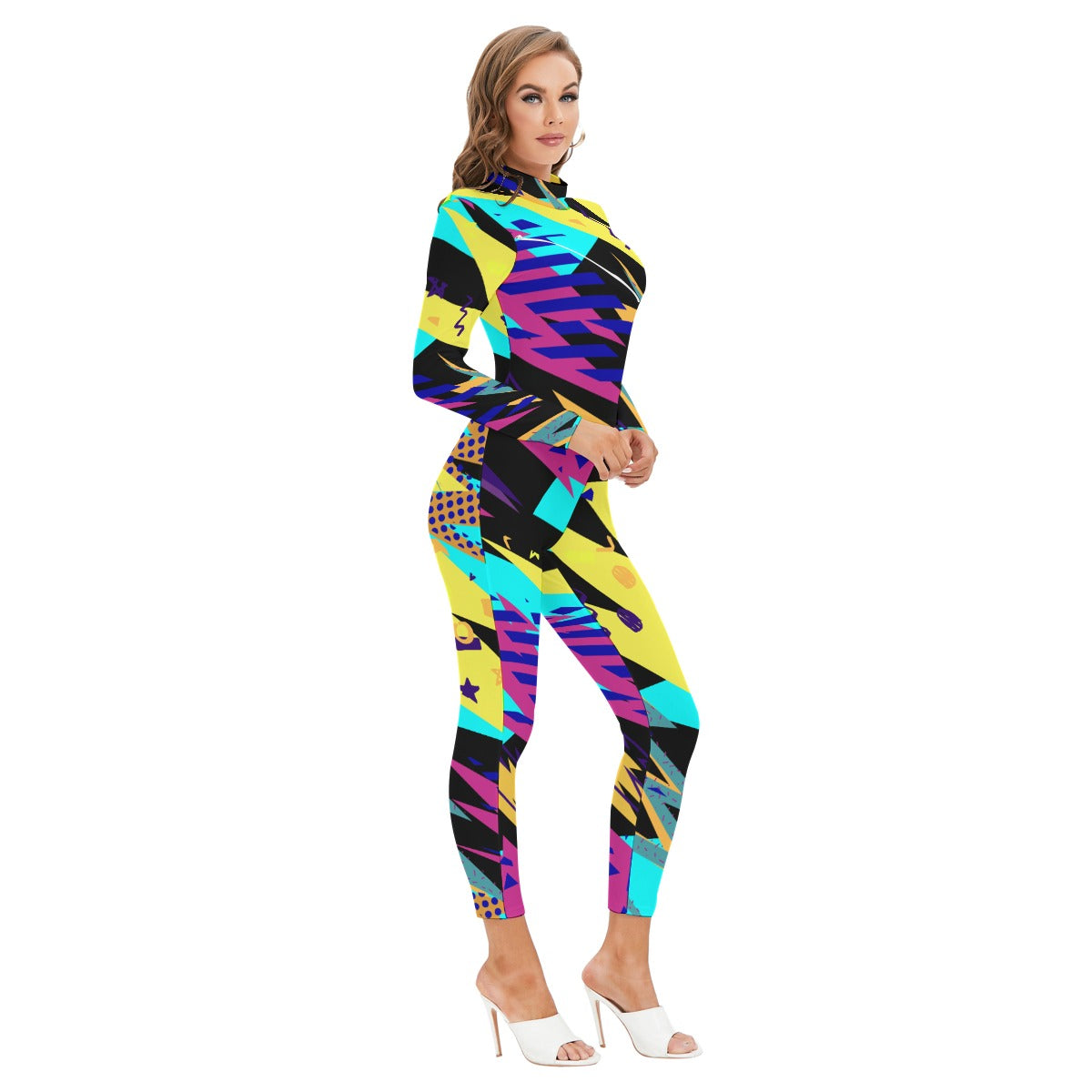 Ptahra B Women's Bright Retro Style Long-sleeved High-neck Jumpsuit with Zipper