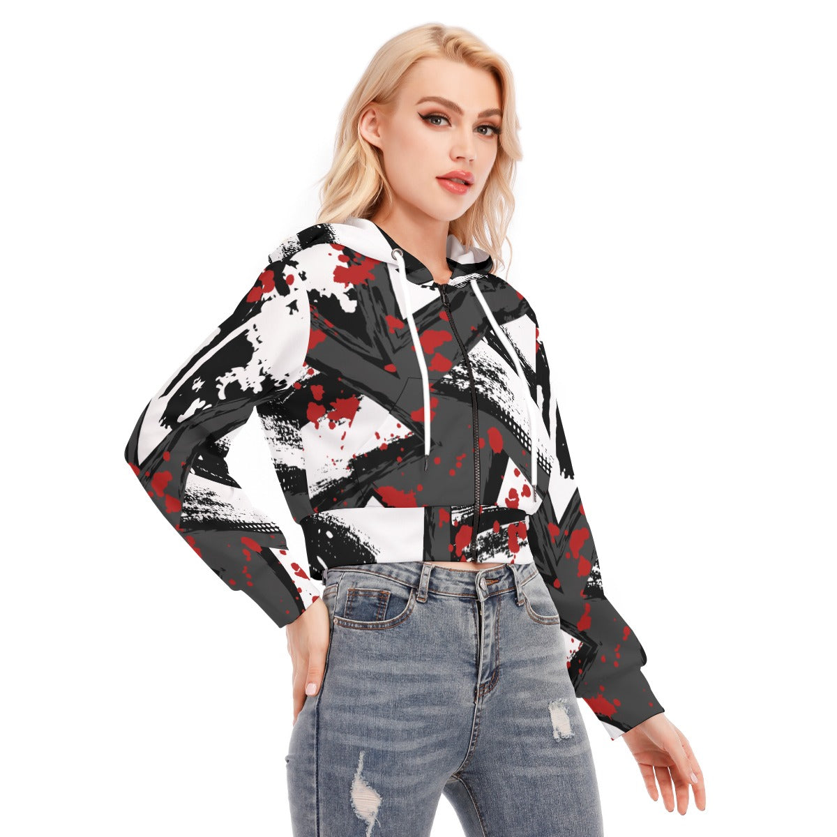 Ptahra B White/Grey/Black/Red Graphic Women's Crop Top Hoodie with Zipper Closure