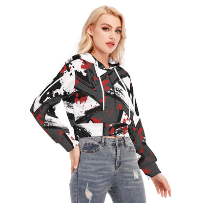 Ptahra B White/Grey/Black/Red Graphic Women's Crop Top Hoodie with Zipper Closure