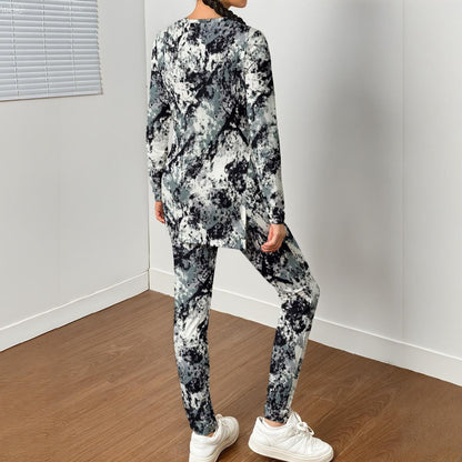 Ptahra B Women's Black/Grey/White Paint Pattern Side Split T-shirt Set