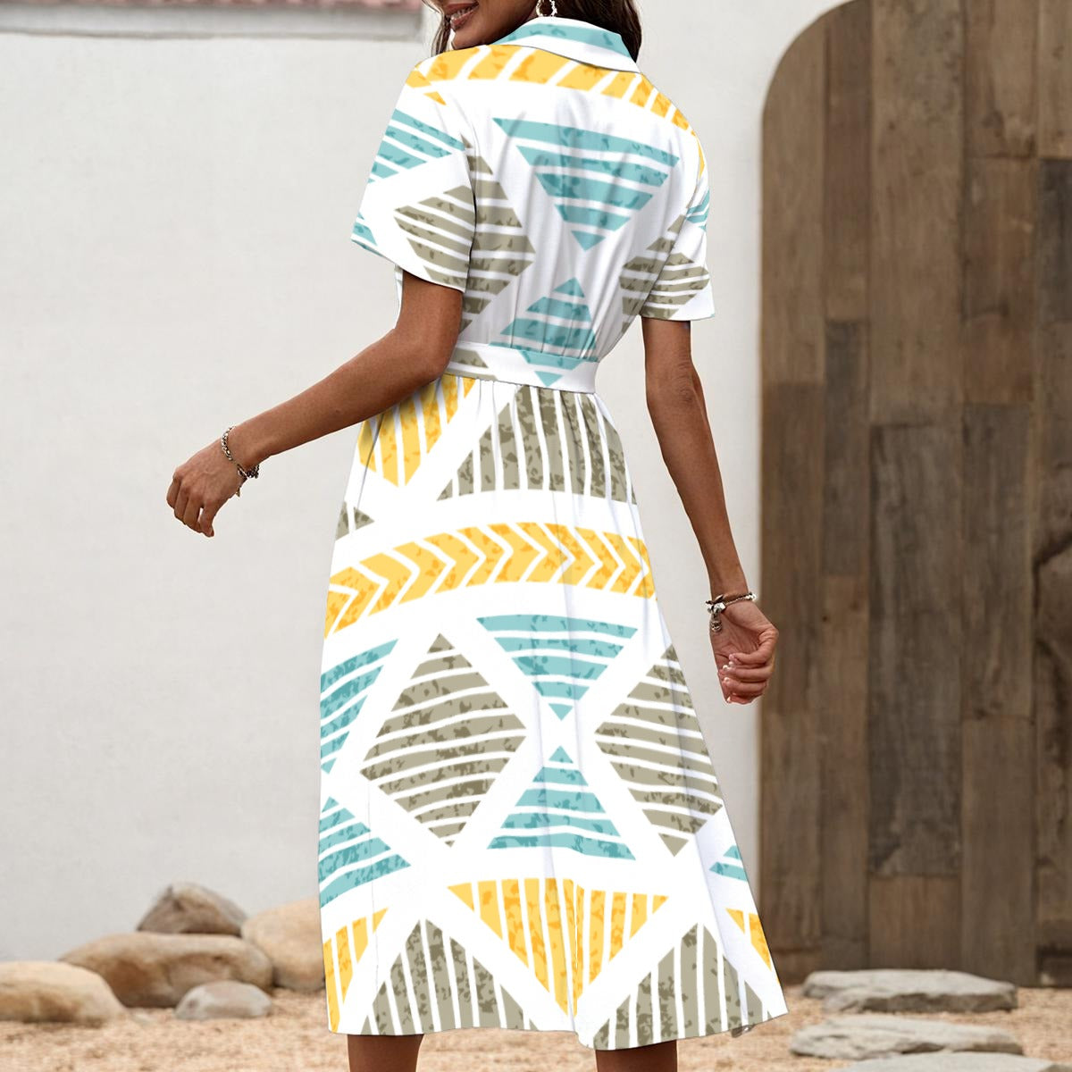 Ptahra B Women's Everyday Wear Multi-Color Shirt Dress with Waist Tie