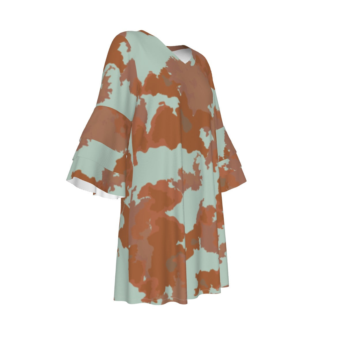 Ptahra B Women's soft Green/Brown Stacked Ruffle Sleeve Dress