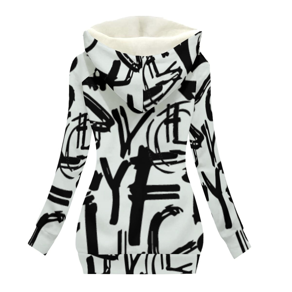 Ptahra Women's Modern White/Black Graphic Lettering Long Jacket With Fleece Lining