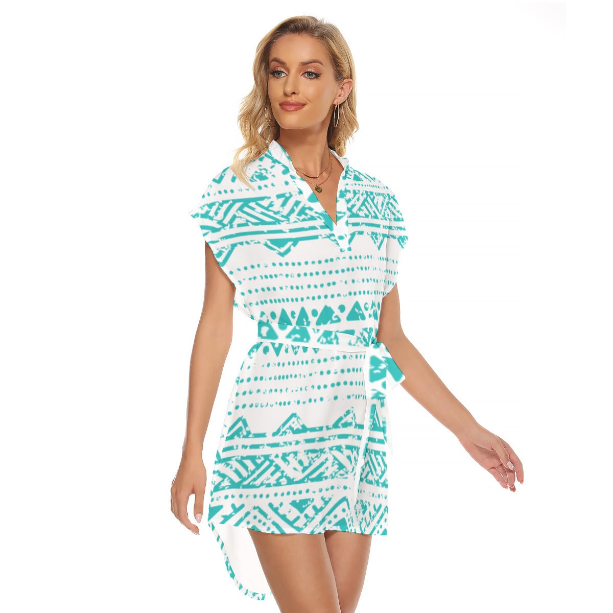 Ptahra B Women's White/Turquoise Pyramid Style Stand-up Collar Casual Dress With Belt