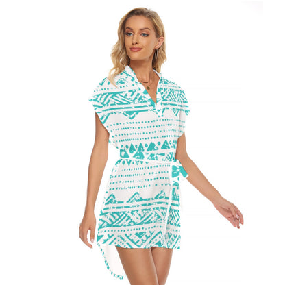 Ptahra B Women's White/Turquoise Pyramid Style Stand-up Collar Casual Dress With Belt