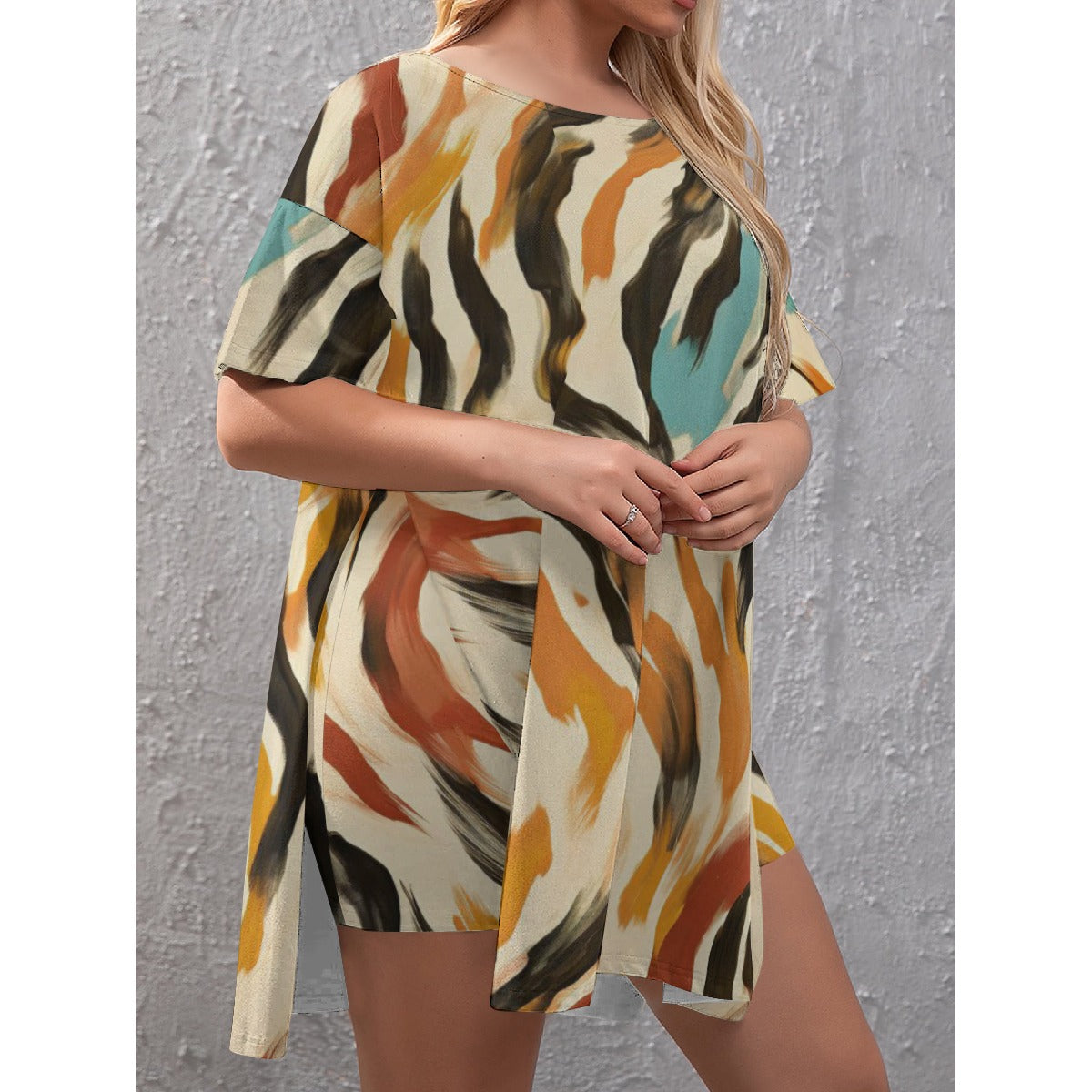 Ptahra B Women's Multi-Color Art Drop-Shoulder T-Shirt with Side Split and Shorts