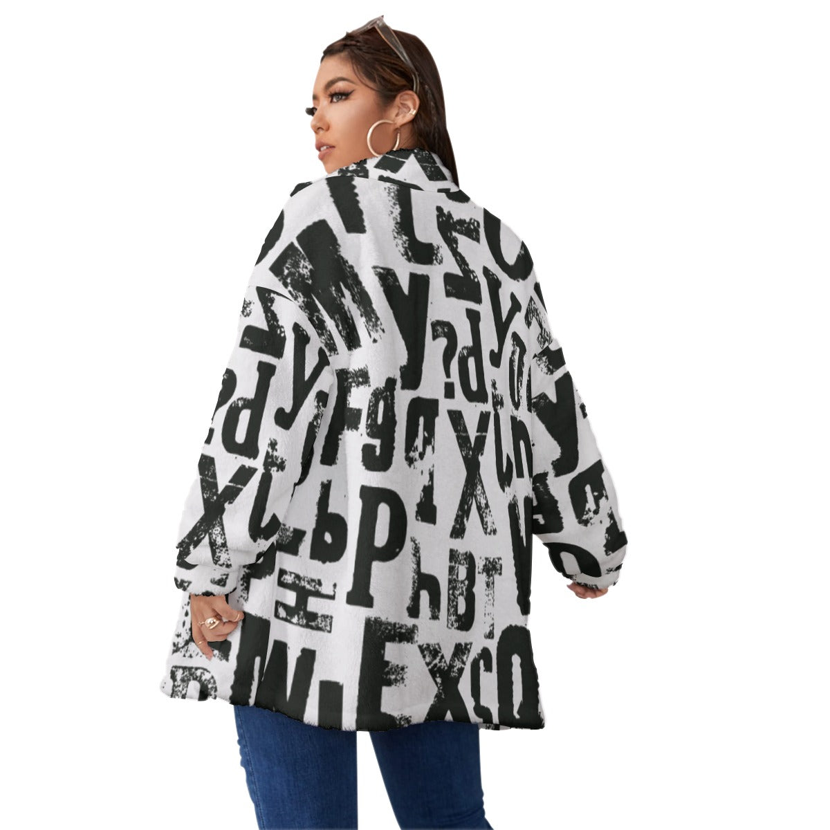 Ptahra B Black lettering Borg Fleece Stand-up Collar Coat With Zipper Closure (Plus Size)