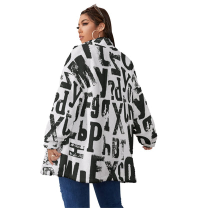 Ptahra B Black lettering Borg Fleece Stand-up Collar Coat With Zipper Closure (Plus Size)