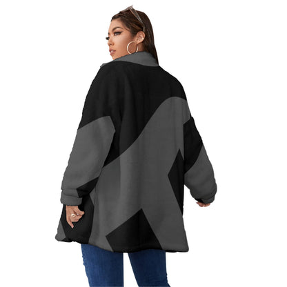 Ptahra B Black/Grey Borg Fleece Stand-up Collar Coat With Zipper Closure(Plus Size)