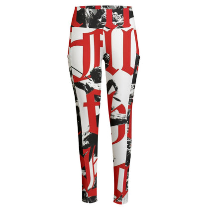 Ptahra B Women's White/Black Art/Red Lettering High Waist Leggings With Side Pocket