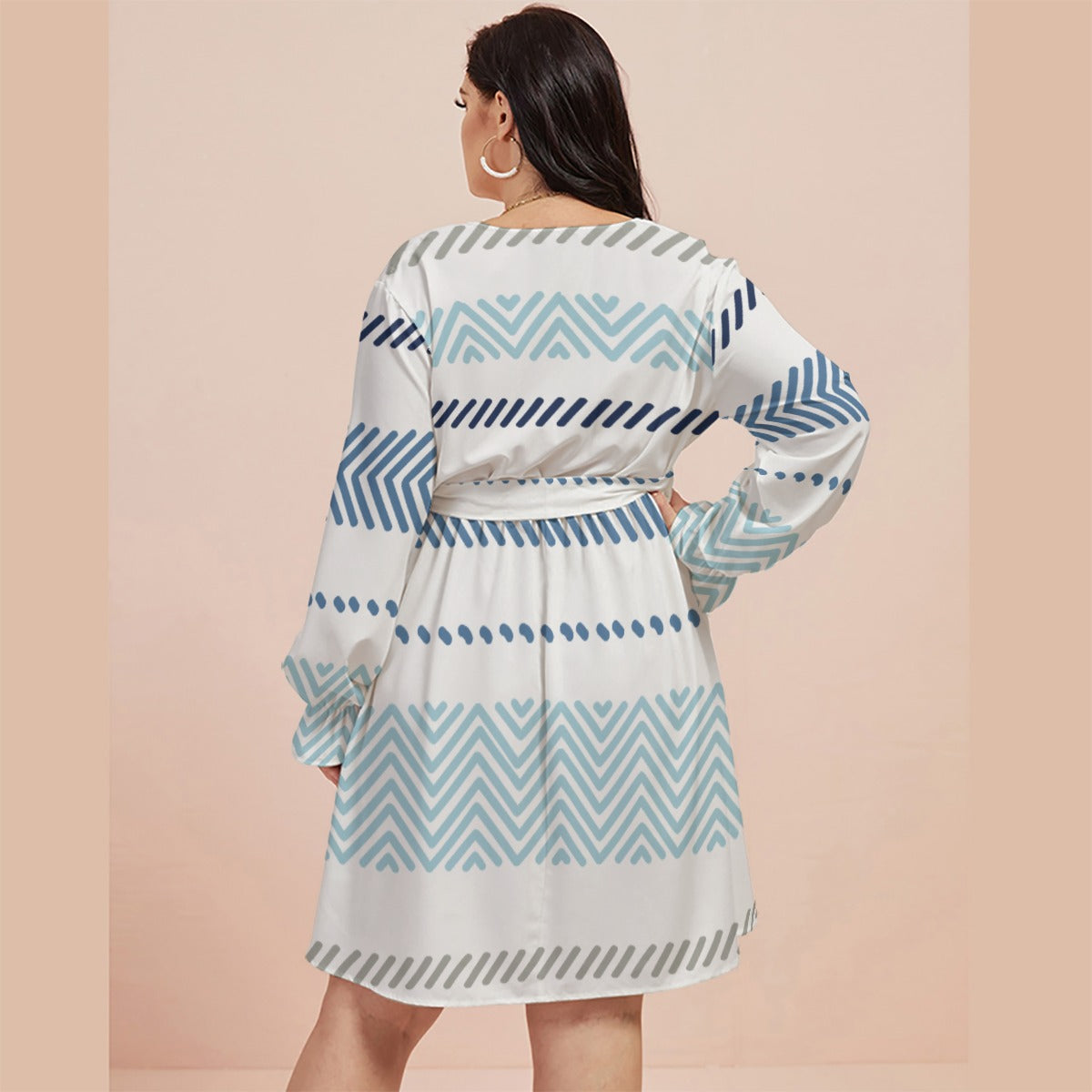 Ptahra B Women's White/Blue/Grey Multi-Pattern V-neck Dress with Waistband