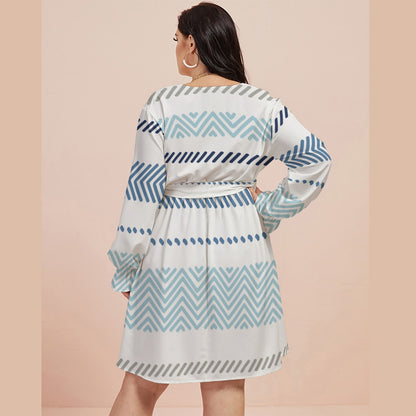 Ptahra B Women's White/Blue/Grey Multi-Pattern V-neck Dress with Waistband