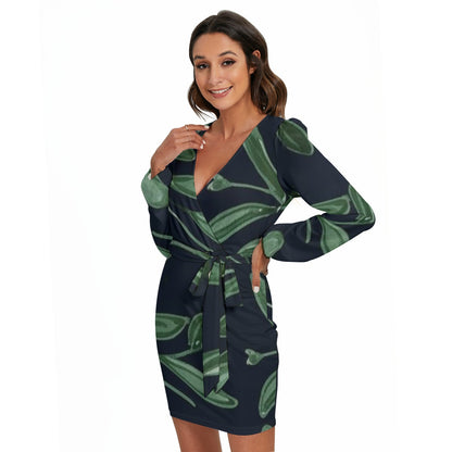 Ptahra B Green Floral Women's Long Sleeve Dress with Waist Belt