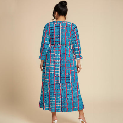 Ptahra Women’s Blue Square/Hint of Red & Black Maxi Dress