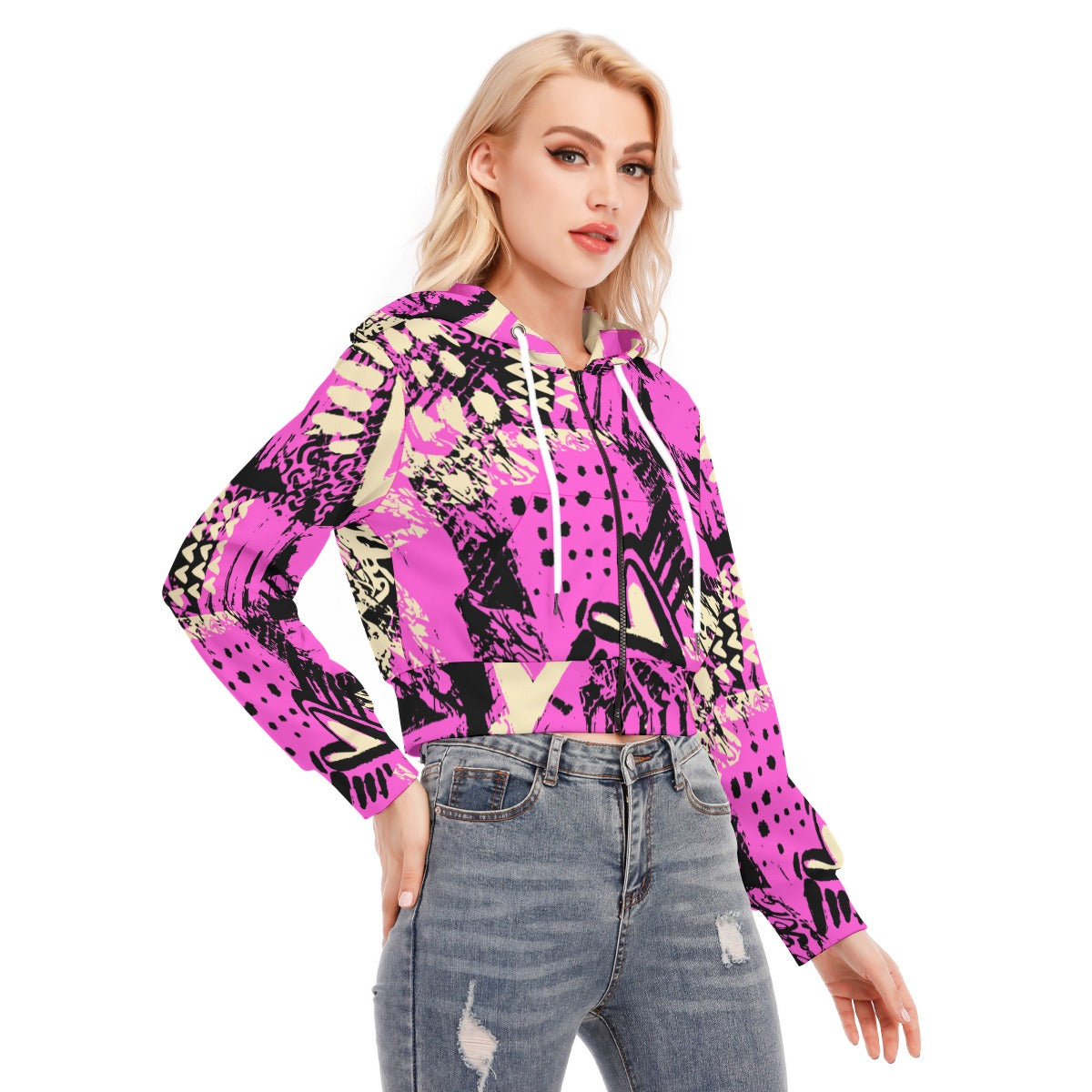 Ptahra B Purple/Black/Light Beige Women's Crop Top Hoodie with Zipper Closure