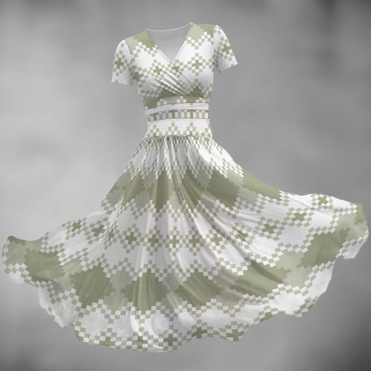 Ptahra Women's White/Green Checkered Type Pattern Short Sleeve V Neck Midi Dress