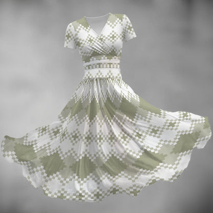 Ptahra Women's White/Green Checkered Type Pattern Short Sleeve V Neck Midi Dress