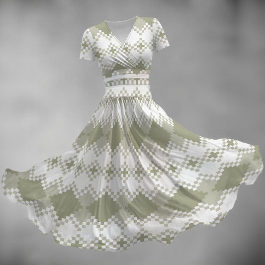 Ptahra Women's White/Green Checkered Type Pattern Short Sleeve V Neck Midi Dress