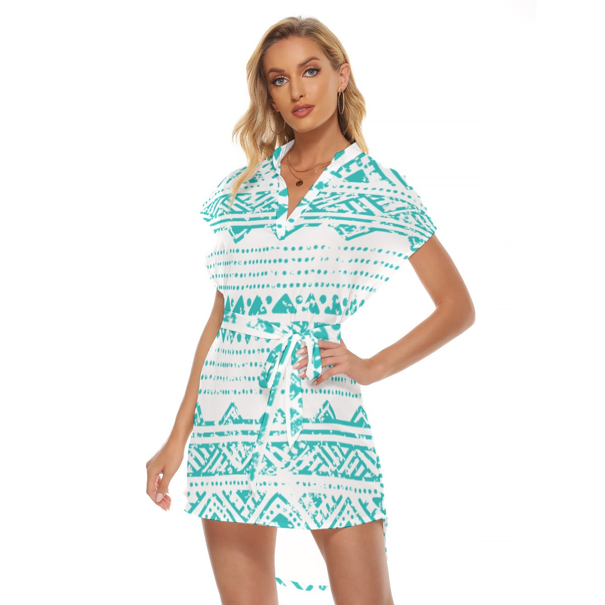 Ptahra B Women's White/Turquoise Pyramid Style Stand-up Collar Casual Dress With Belt