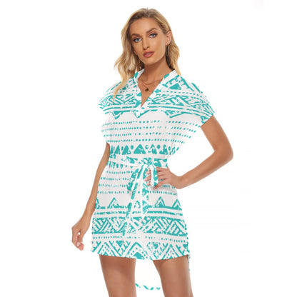 Ptahra B Women's White/Turquoise Pyramid Style Stand-up Collar Casual Dress With Belt