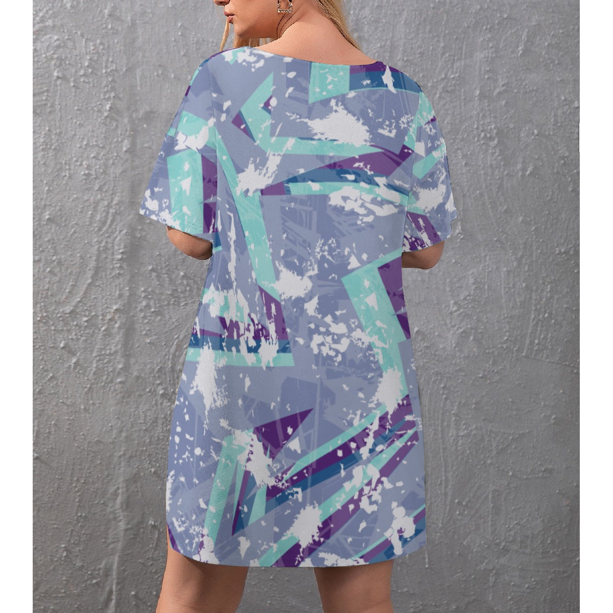 Ptahra B Women's Blue/Purple/White Splat Design Drop-Shoulder T-Shirt with Side Split and Shorts