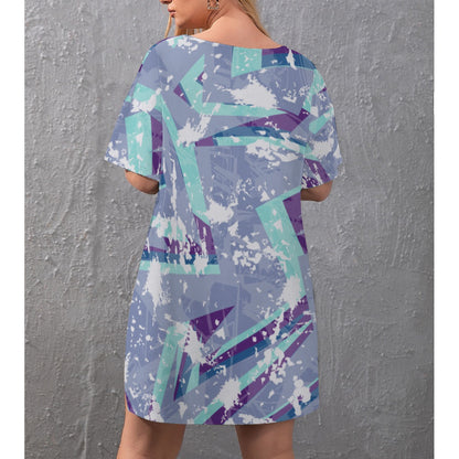 Ptahra B Women's Blue/Purple/White Splat Design Drop-Shoulder T-Shirt with Side Split and Shorts