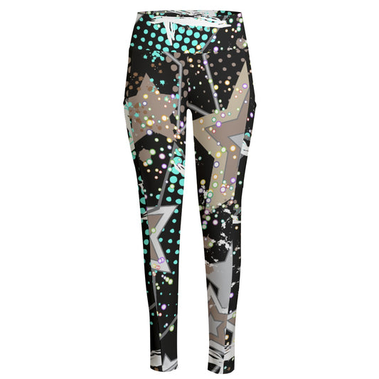 Ptahra B Women's Black/Star Design High Waist Leggings With Side Pocket