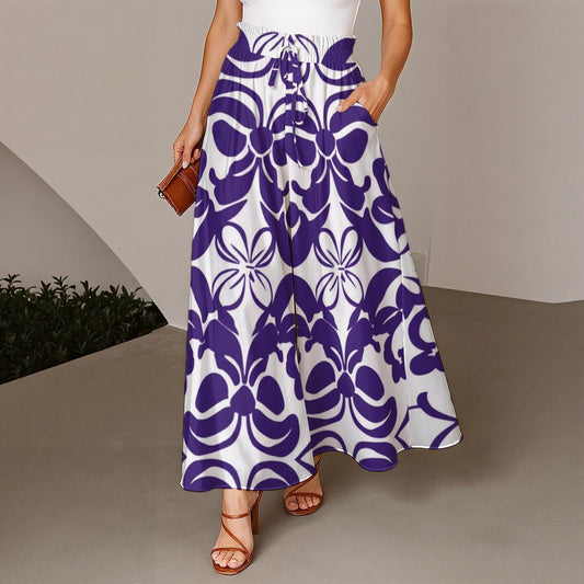Ptahra Women's White/Purple Elegant Design Ruffled Wide-Leg Pants