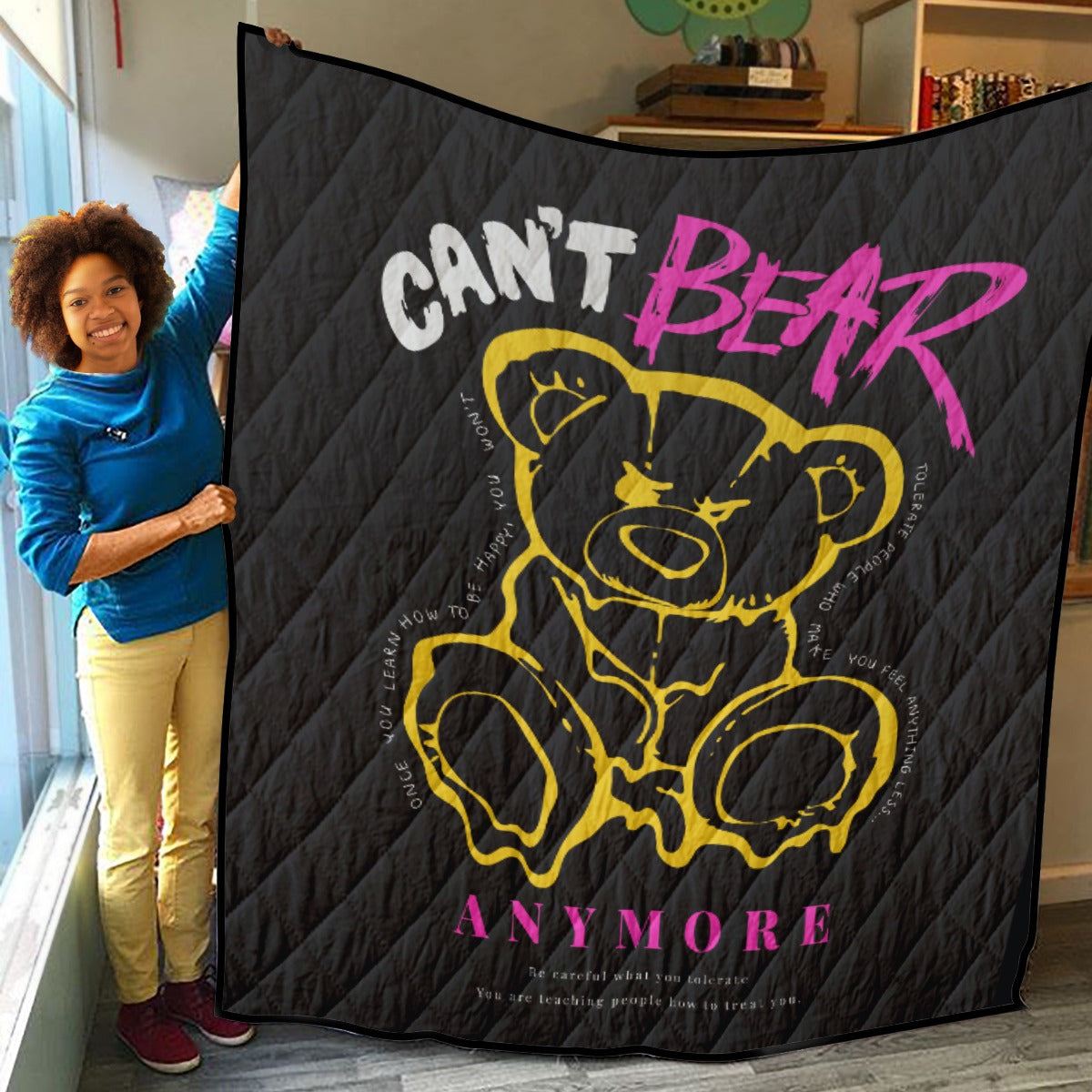 Ptahra B Yellow Motivational Bear Lightweight & Breathable Quilt With Edge-Wrapping Strips