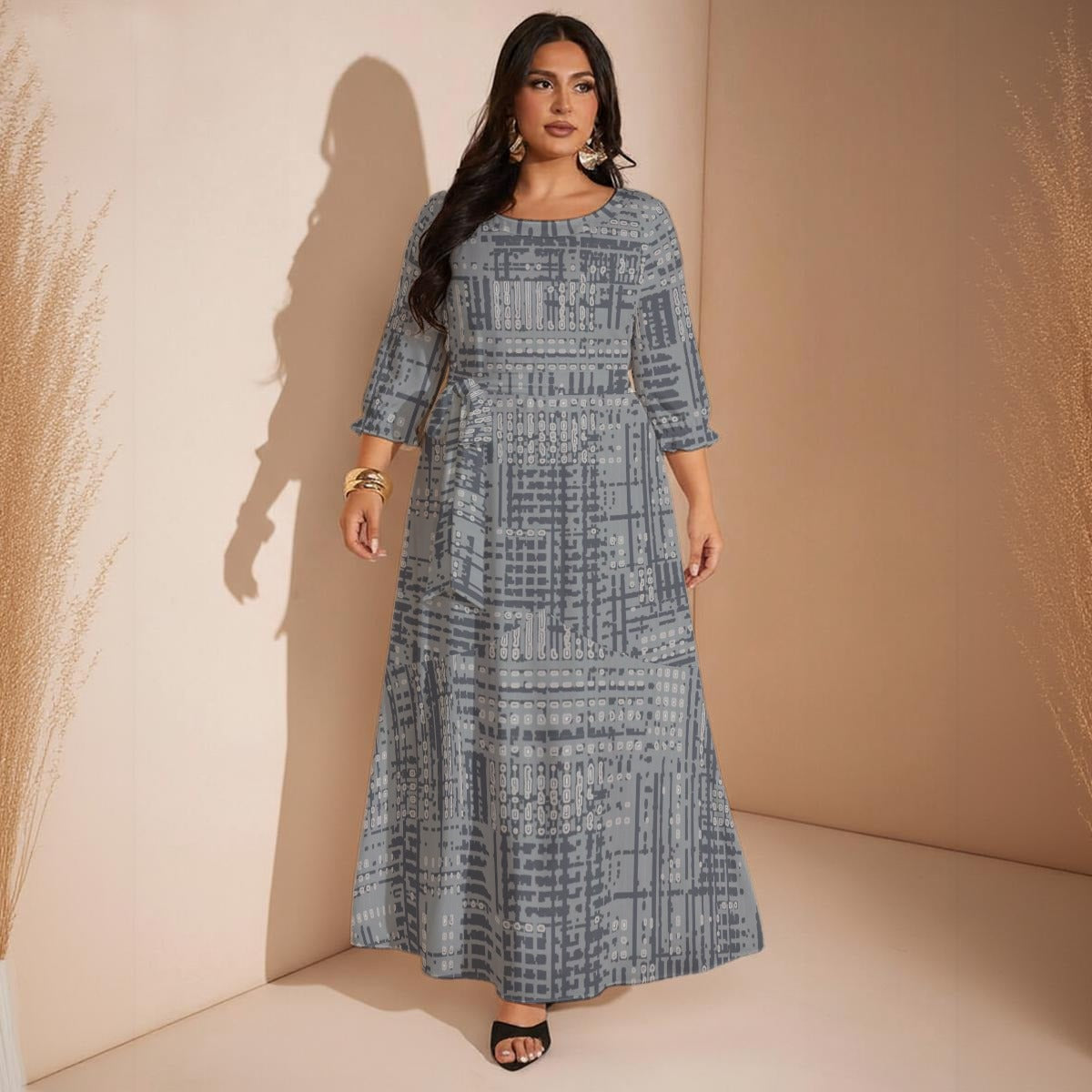 Ptahra Women’s Elegant Multi-Grey Pattern Maxi Dress