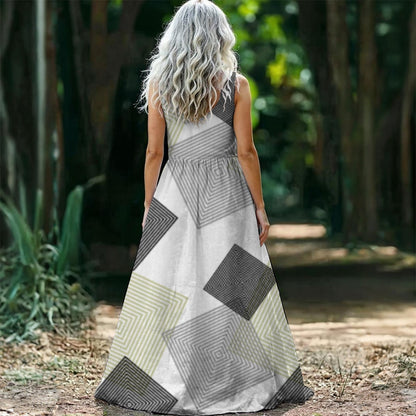 Ptahra B Women’s Grey Square Pattern Sleeveless Maxi Dress