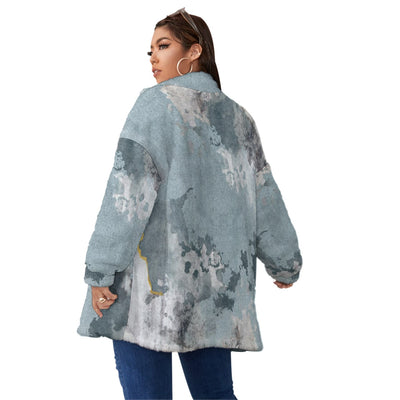 Ptahra B Multi-Grey Design Borg Fleece Stand-up Collar Coat With Zipper Closure (Plus Size)