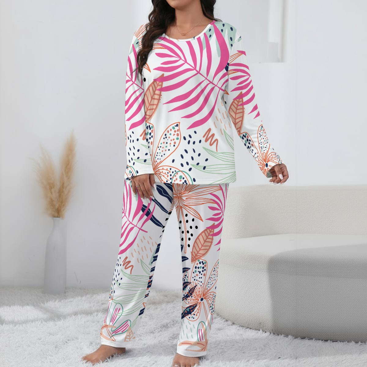 Ptahra Women’s White/Multi-Color Leaf Floral Loungewear Set