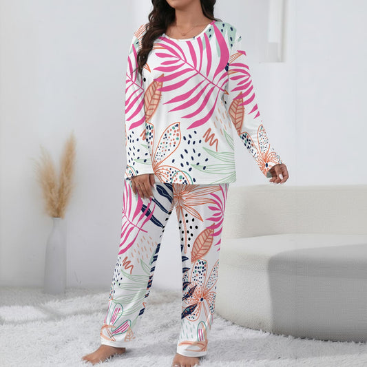 Ptahra Women’s White/Multi-Color Leaf Floral Loungewear Set