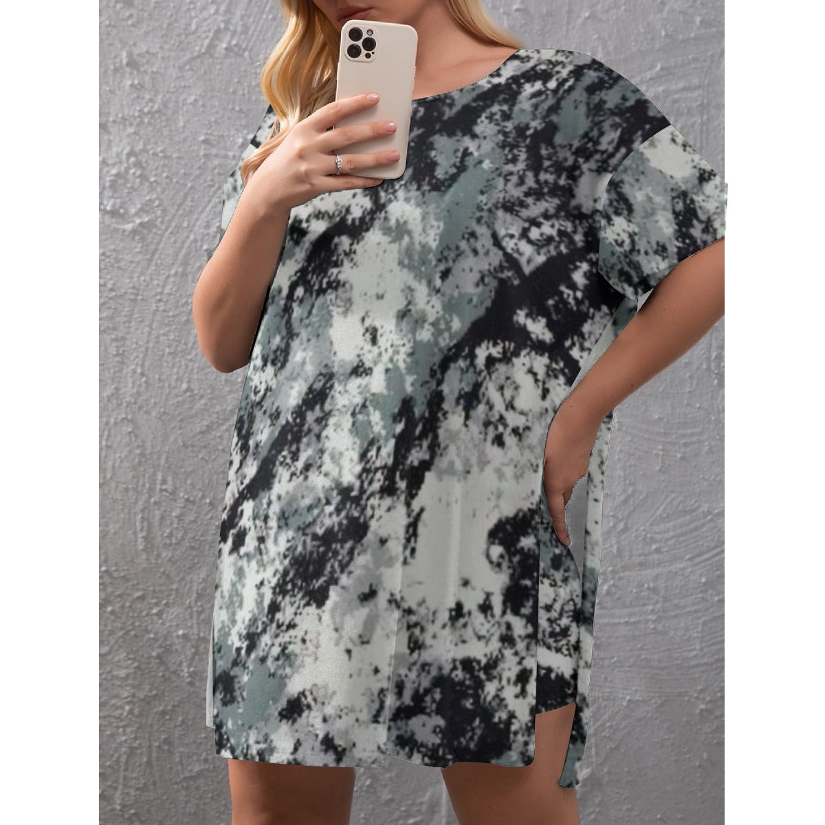 Ptahra B Women's Black Grey Tye-Dye Style Drop-Shoulder T-Shirt with Side Split and Shorts