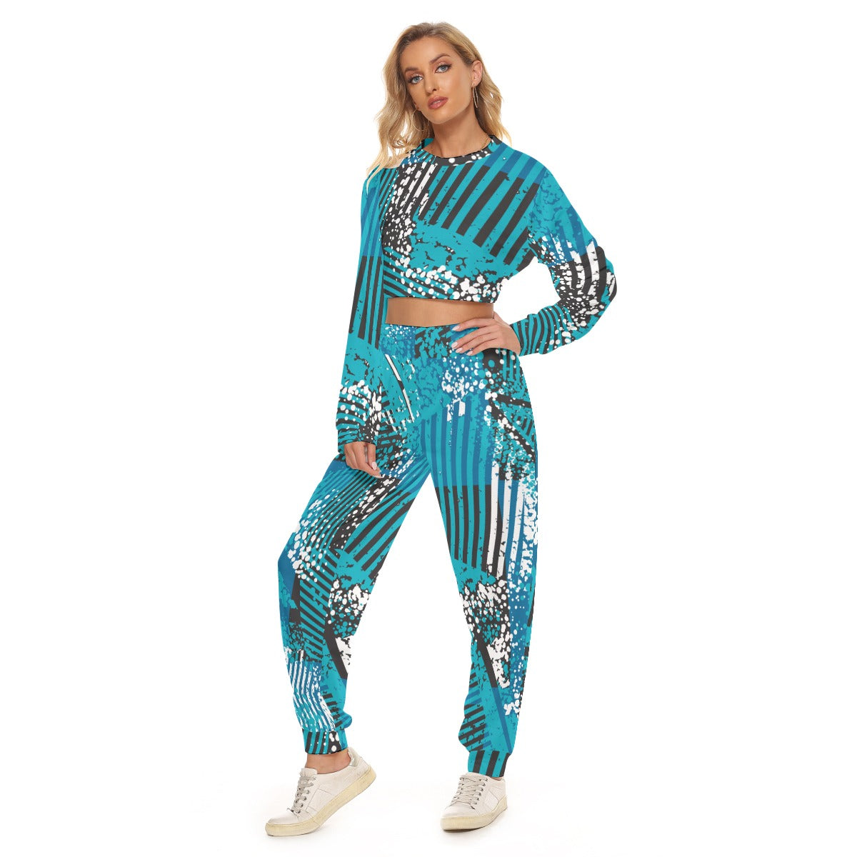 Ptahra B Women's Turquoise/blue with Black Pattern Crop Sweatshirt Suit